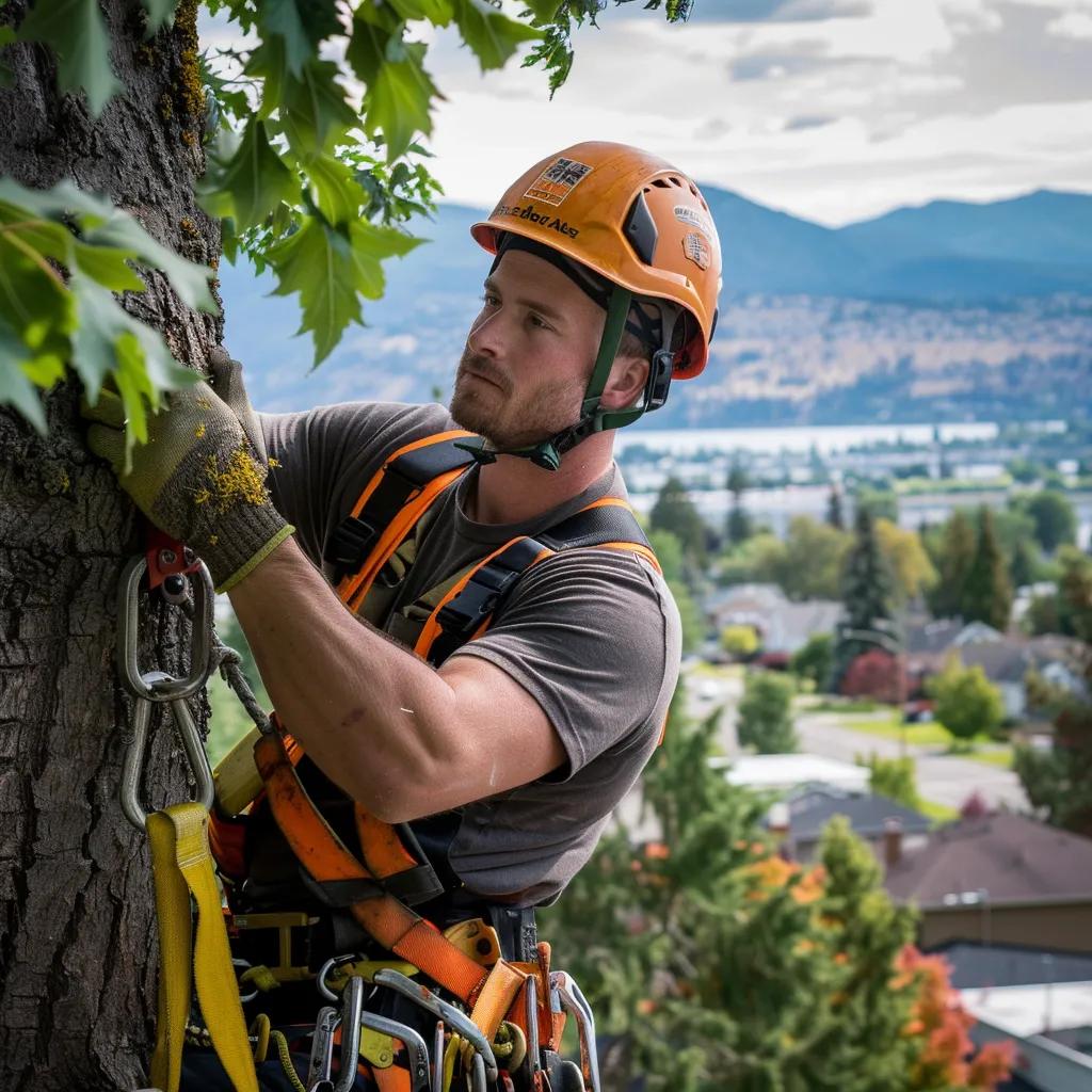Certified arborist inspecting a tree in Kelowna, emphasizing professional tree care and urban forestry
