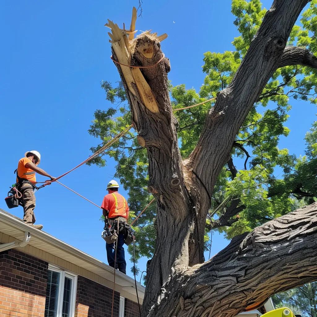 Professional tree removal crew safely cutting down a large tree in a residential area