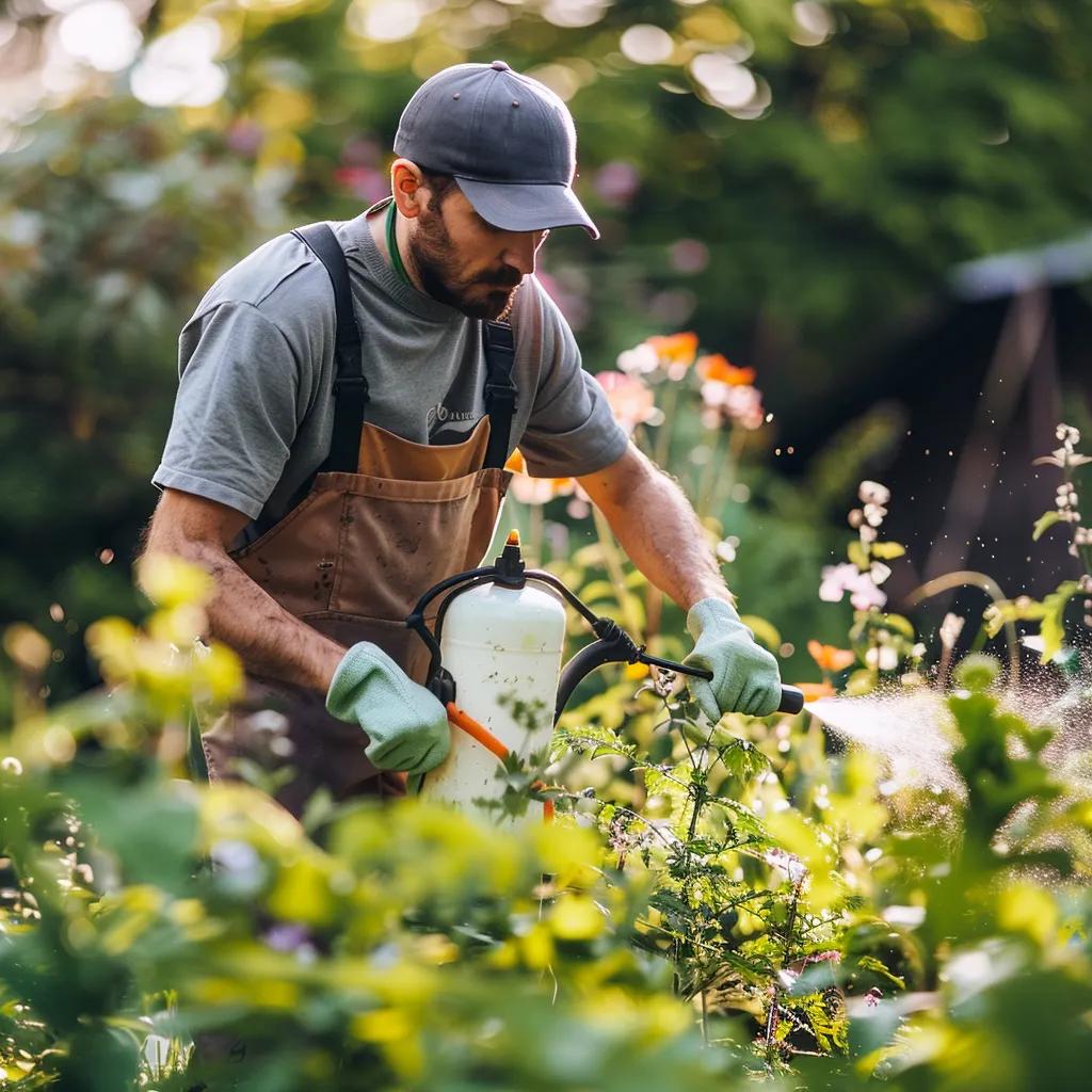 Gardener using eco-friendly pest control methods in a vibrant garden, promoting sustainable tree care