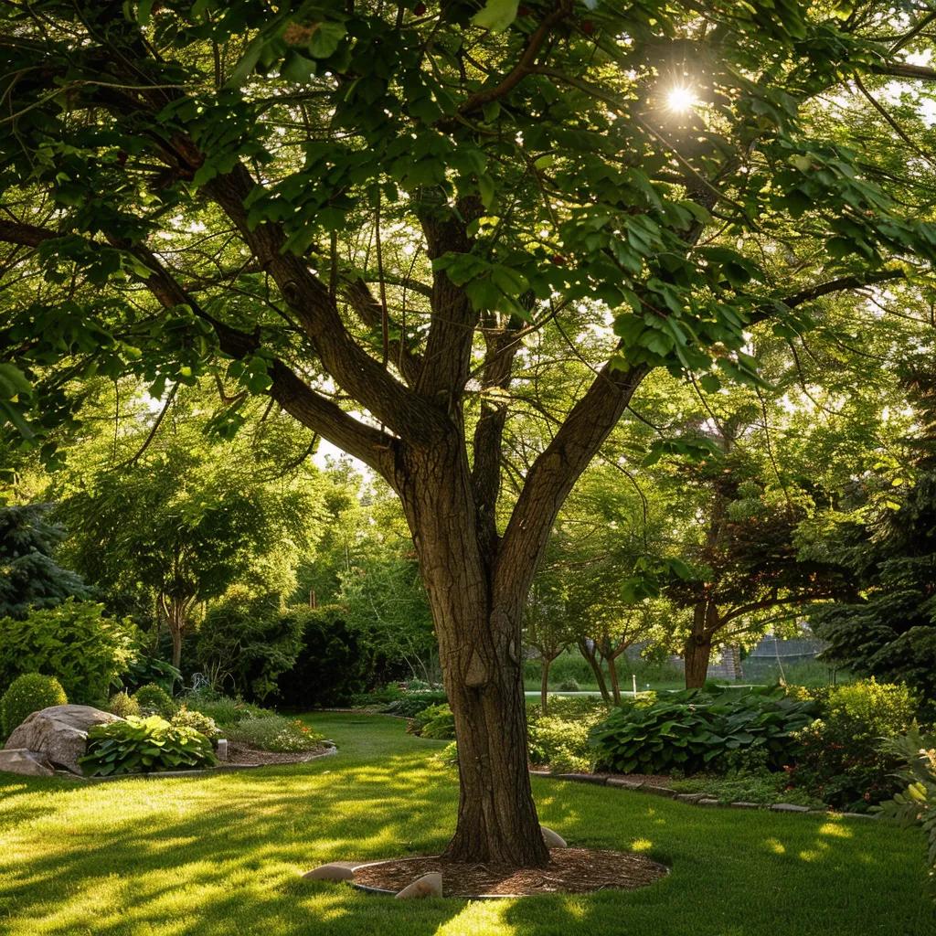 Healthy tree in Kelowna with lush foliage and vibrant garden